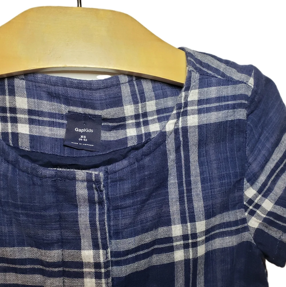 Gap Kids XS 4-5 Y Girls Blue Plaid Button Placket Drop Waist Short Sleeves